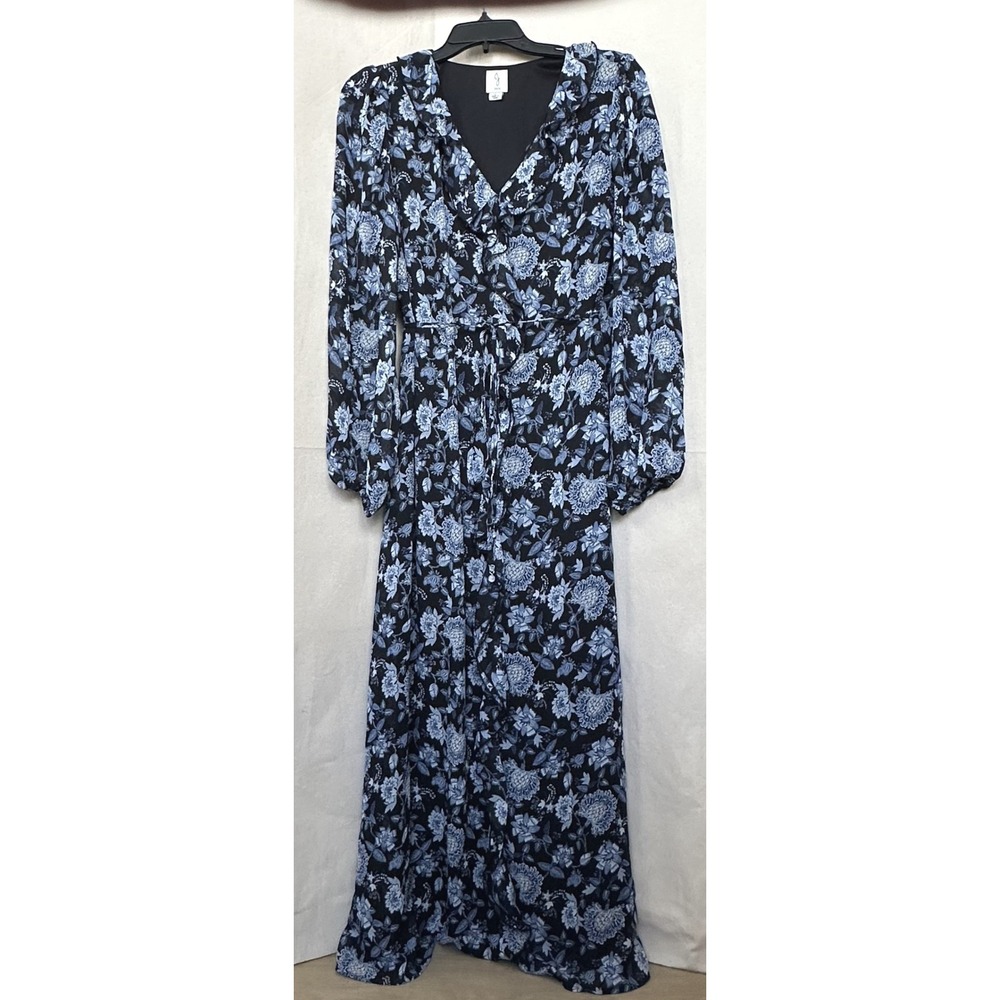 Joie Modest Boho Garden Party Blue Floral Ruffle V-Neck L/S Maxi Dress L Chiffon
